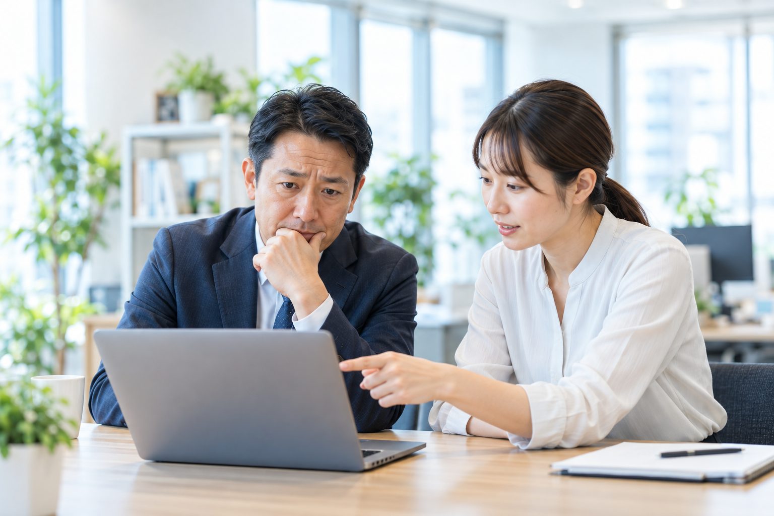 経営者にラップトップの画面を見せながら説明するエンジニア